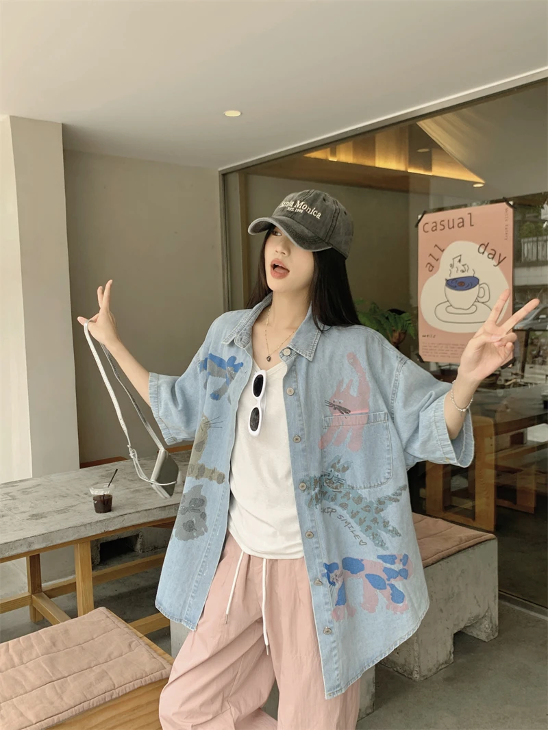 Gaganight Женская индивидуальная Милая джинсовая рубашка с принтом и коротким