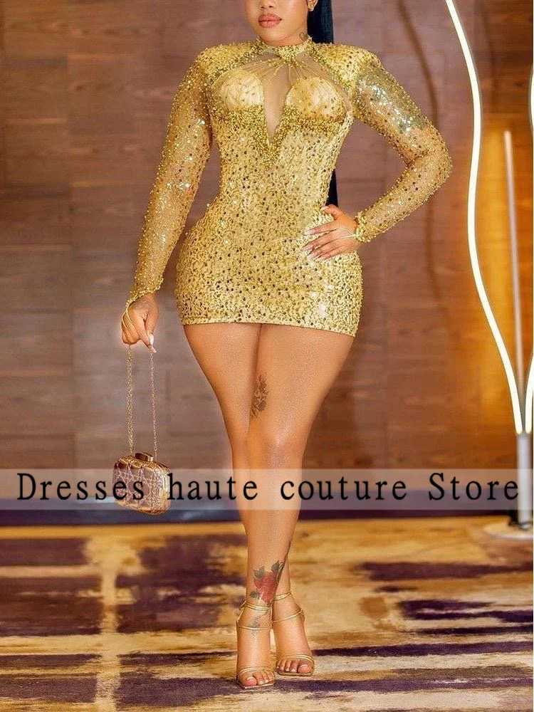 Купи Sexy Golden Short Prom Dresses 2022 Beading Sequins Mini Maemaid Cocktail Dresses Birthday Party Dress Long Sleeve Robe De Bal за 8,880 рублей в магазине AliExpress