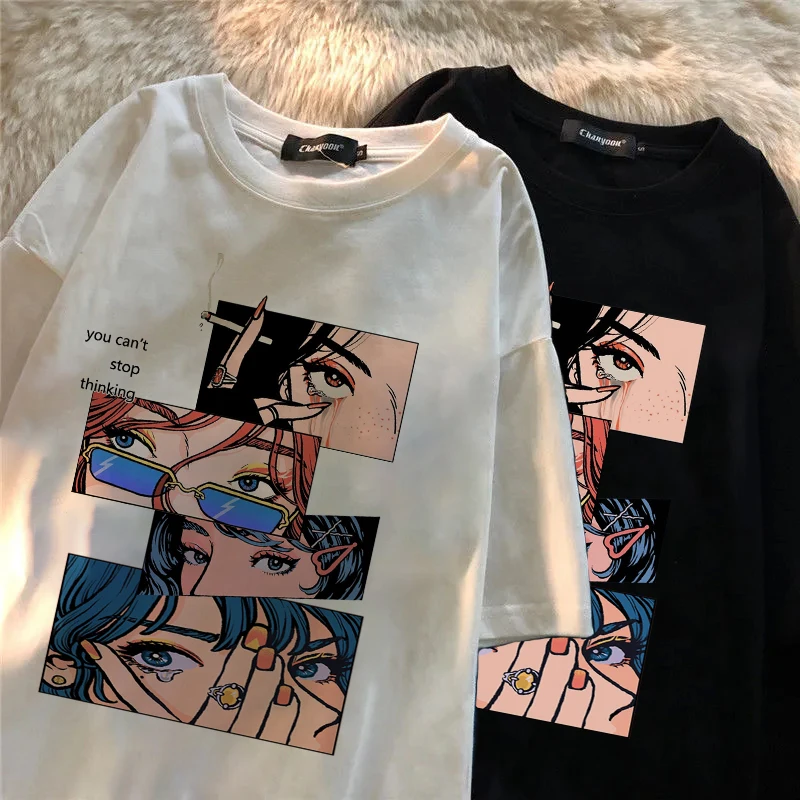 

Hip Hop Casual Loose T Shirt Streetwear Japanese Anime Cartoon T-shirt for Men Black Harajuku Print Retro Y2k Clothes Tops Tees