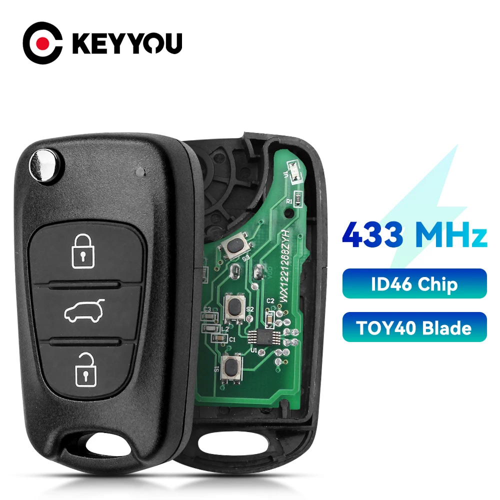 

KEYYOU 433 Mhz Flip Car Remote Key Fob ID46 Chip For Hyundai I20 I30 IX35 Avante 3 Button Folding Car Auto Vehicle Control Alarm