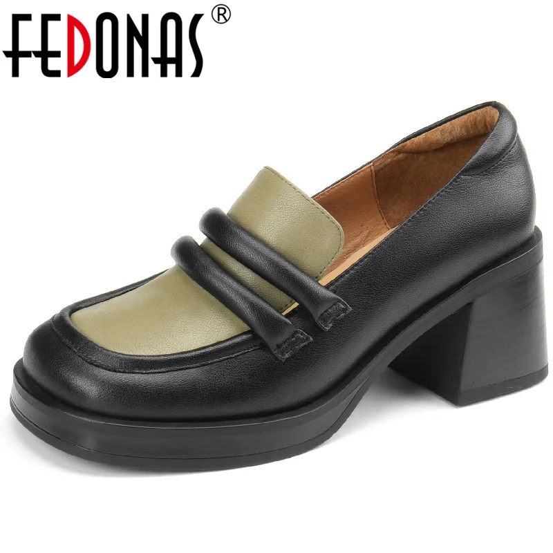 

FEDONAS Retro Classic Women Pumps Spring Autumn Mixed Colors Genuine Leather Thick Heels Dress Working Casual Loafer Shoes Woman