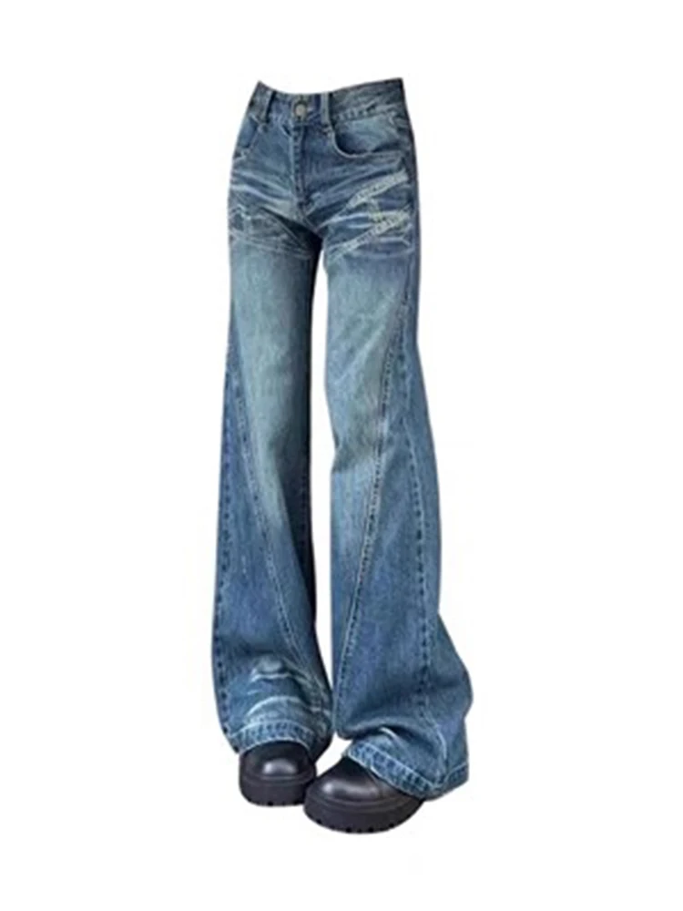

Простые американские расклешенные джинсы в стиле ретро с заниженной талией, женские модные базовые синие джинсовые брюки в стиле хип-хоп, новый дизайн