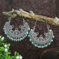 ethnic vintage blue beads silver color earrings for women boho classic hollow geometric tassel hanging earrings jhumka jewelry