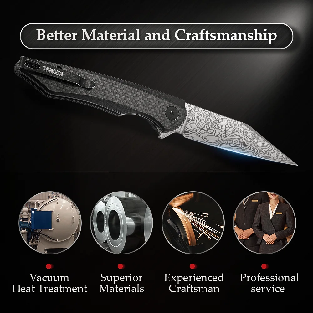Складной карманный нож TRIVISA с ручкой из углеродного волокна лезвие дамасской