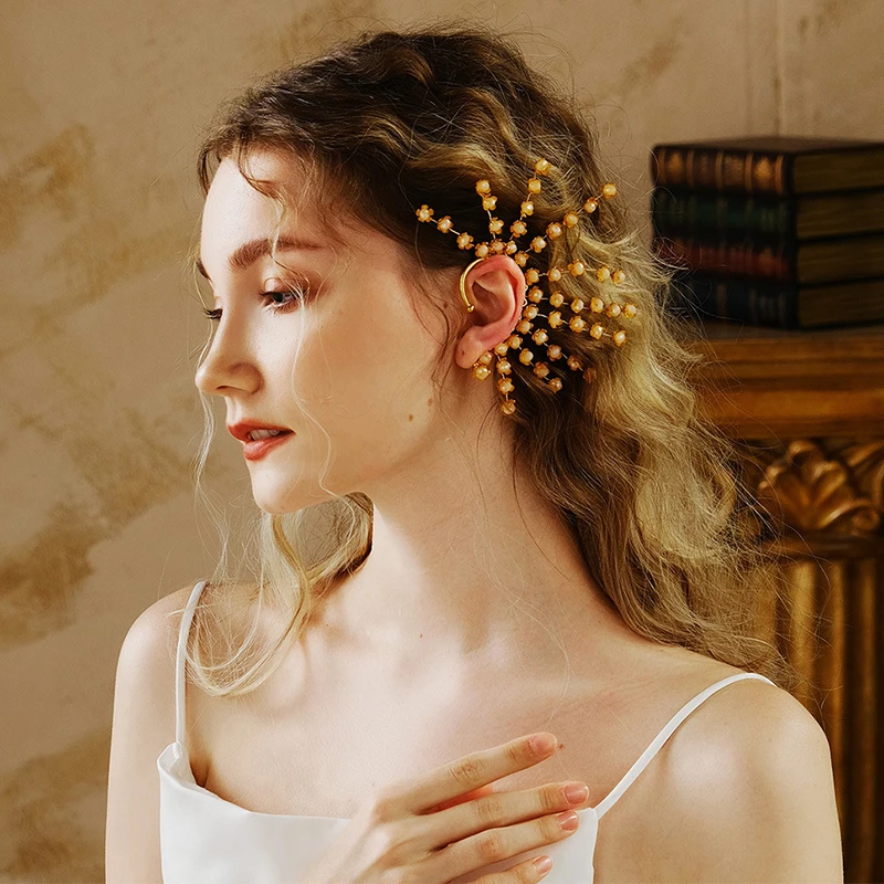 

Vintage Women Ear Cuff Alloy Beads Flower Handmade Baroque Weddings Bride Party Charms Clips Earrings Statement Ear Cuff Female