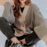 2022 new autumn and winter sweater women single breasted outer wear cardigan soild loose striped thick knitted cardigan jacket