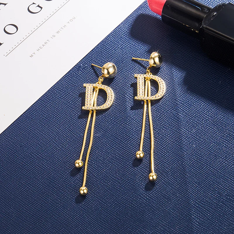 

DIWENFU Real Diamond D Letter Tassel Long Earrings Girl 14K Gold Jewelry Aretes De Mujer Party Orecchini Drop Earrings for Women