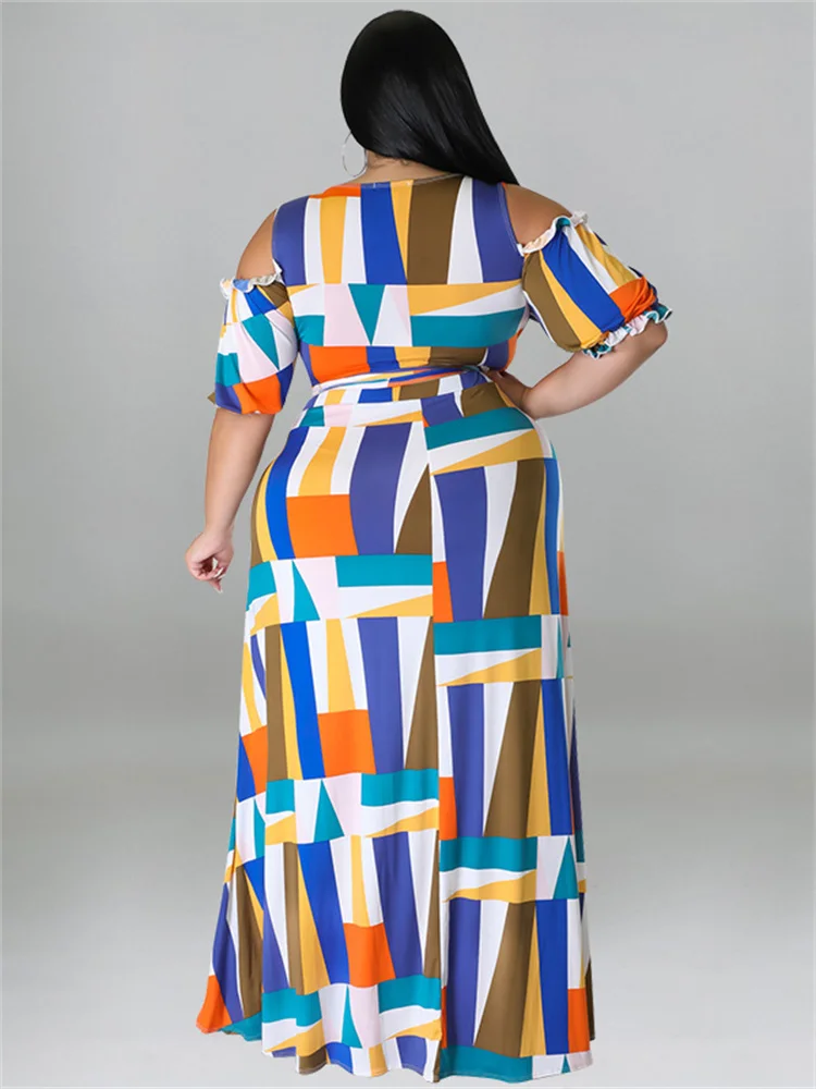 Plus Size Summer Plis Size Dress Sets Two Piece v Neck Printed Crop Top Big Swing Skirts Sexy Suits Sli 3xl 4xl 5xl 6xl