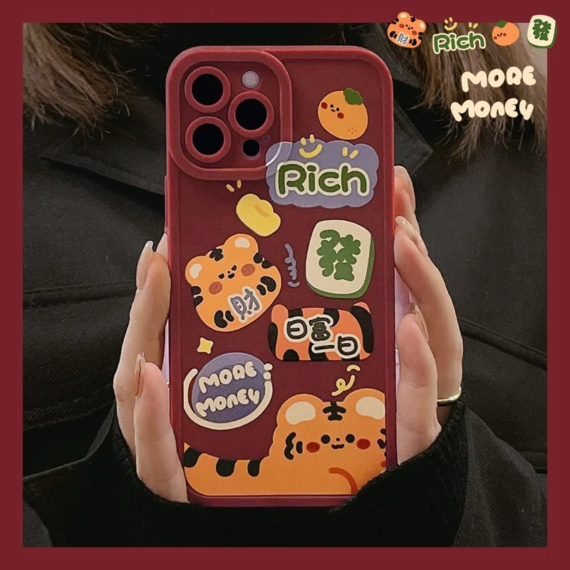 

Happy New Year Cute Label rich tiger Phone Case For iPhone 13 11 12 Pro Max SE 7 8 Plus X XR XSMax Cartoon Shockproof Soft Cover