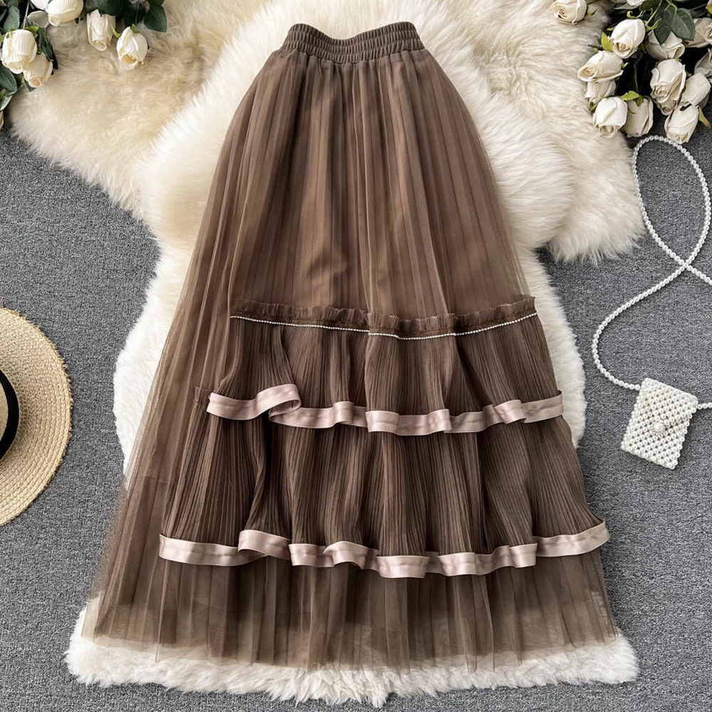 

Faldas Largas Mujer New 2023 Summer Mesh Cake Skirts Patchwork High Waist A-Line Jupe Femme Ruffles Tutu Skirt for Women