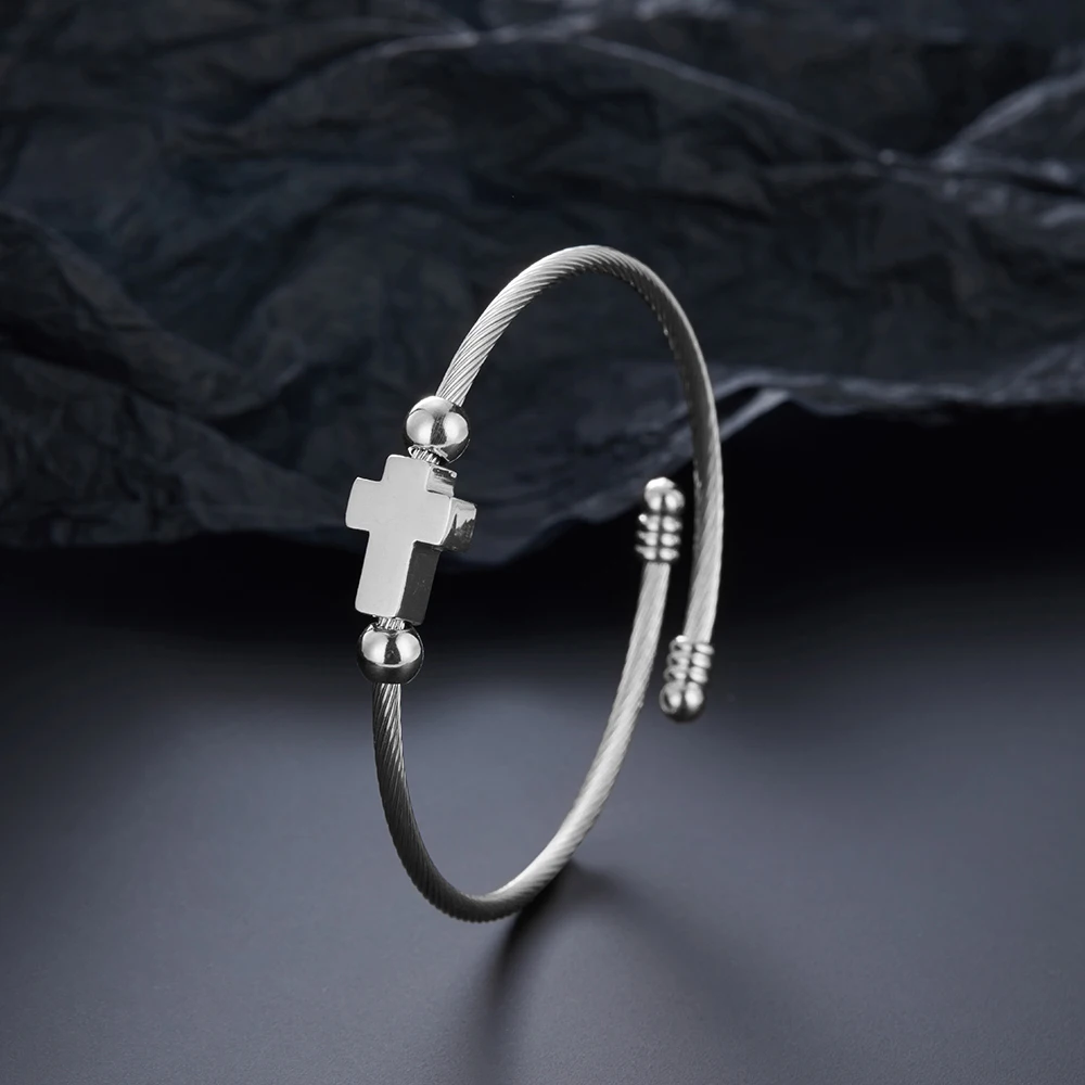 

Jesus Cross Bangles Mens Stainless Steel Wirerope Braided Beads Cuff Bangle for Women Charm Religious Jewelry Easter Gifts