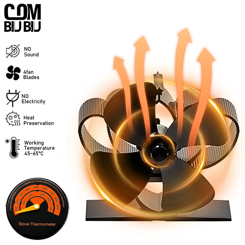 

Black Mini Fireplace Fan 4 Blade Log Burner Silent Home Stove Fan Efficient Heat Distribution Heating Keep Warm No Electricity