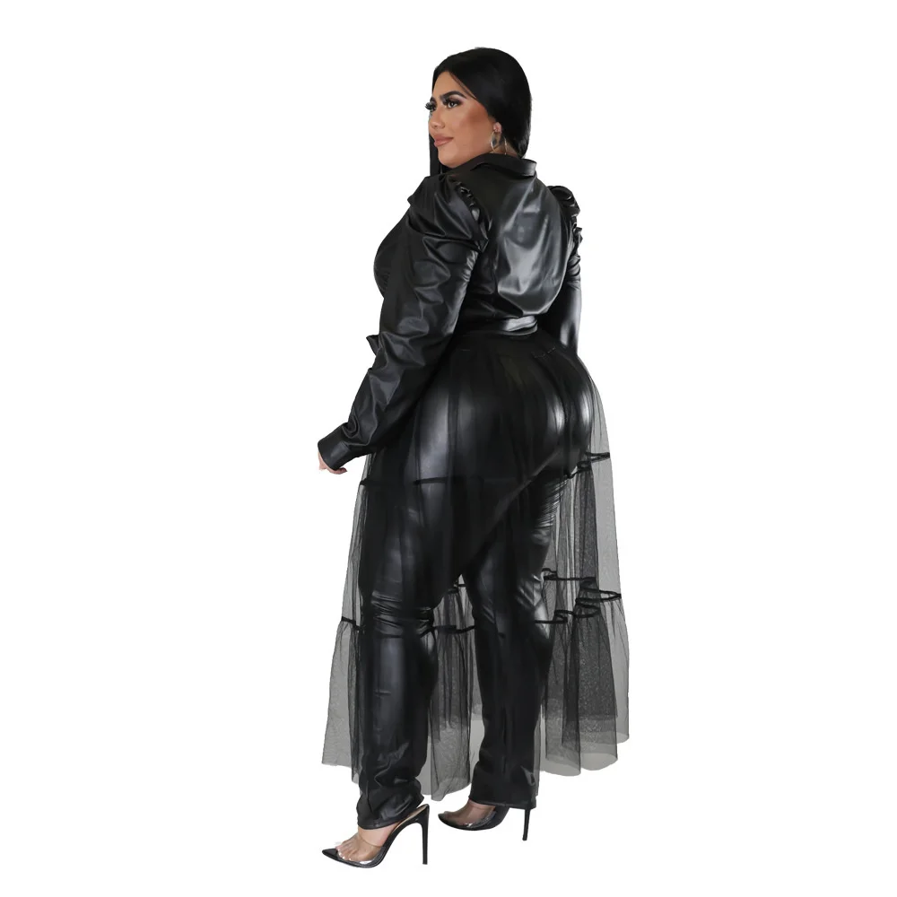 Plus Size Leather and Mesh Patchwork Sexy Shirt Dress Big Size Long Sleeves Turn Down Fashion Button-up Casual 3xl 4xl 5xl 6xl