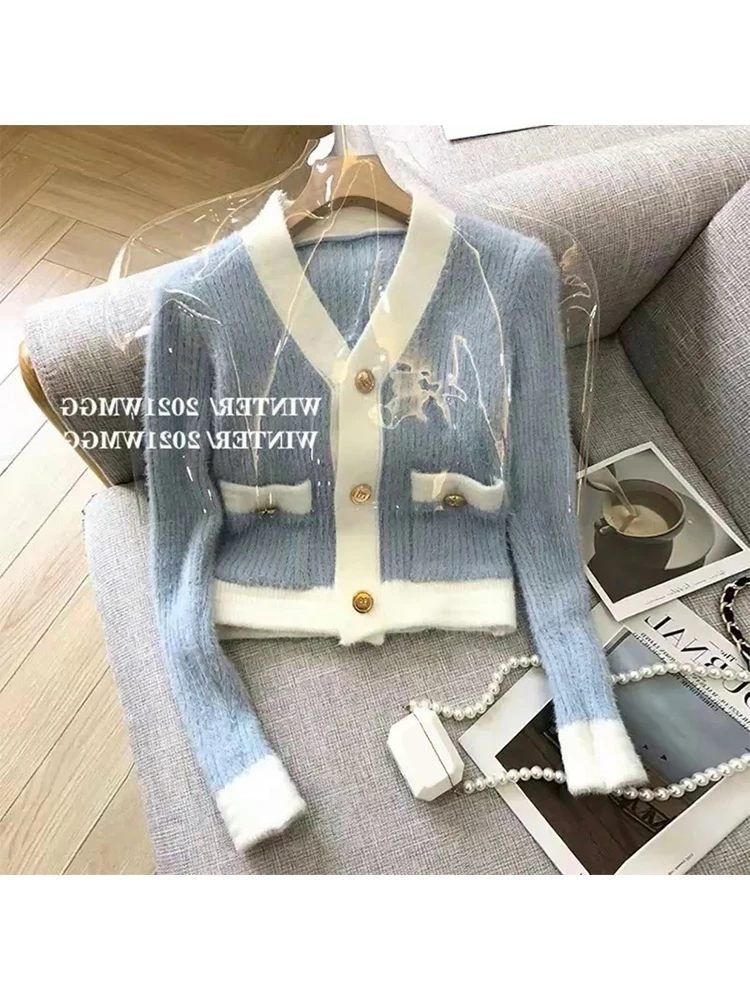

2023 Spring Autumn Chic Cardigan Women Cropped Sweater Button Patchwork Knit Tops Coat Business Elegant Knitwear Office Lady