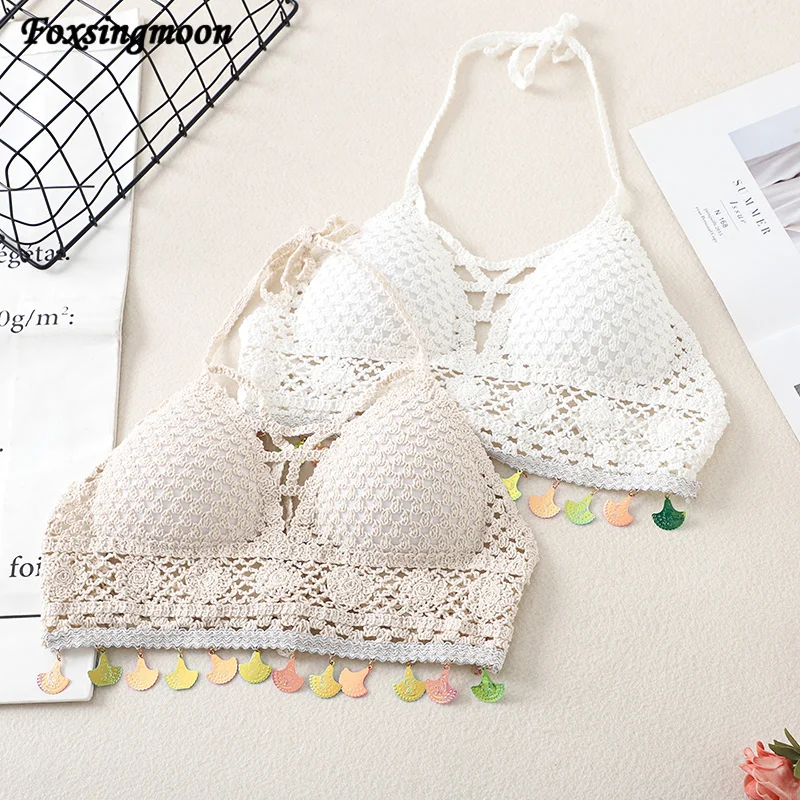 

2022 Tassel Crochet Knitted Halter Slim Bikini Tops Swimsuit Tops Bohemia Swimwear Sexy Handmade Crochet Bikini Cotton Cover Top
