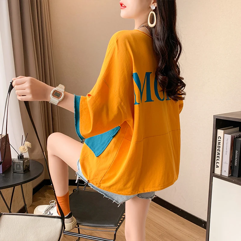 Cotton Letter Printed Color Matching Ripped Short-sleeved T-shirt Loose Women's 2022 Summer Pocket Patch Loose Glitter Top