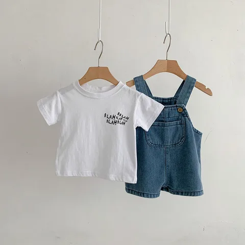 2024 летний комплект детской одежды, одежда для девочек, джинсовый комбинезон, костюм для маленьких мальчиков