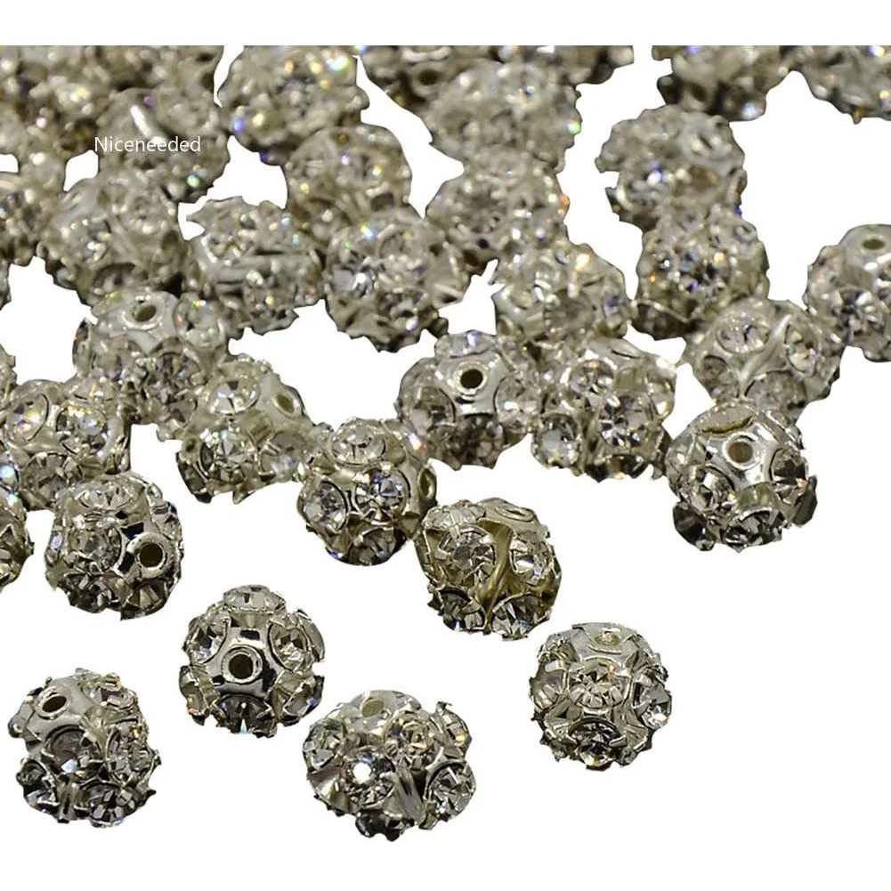 

About 100 Pcs 8mm Silver Plated Brass Rhinestone Beads Round Spacer Charm Bead Nickel Free for Jewelry MakingCrystal