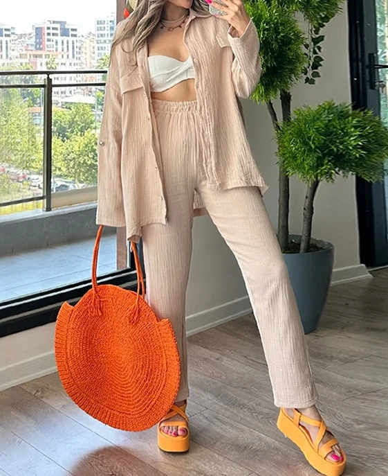

Two Piece Set Women Outfit 2023 Long Sleeve Loose Cardigan Shirt & High Waist Pants Casual Fashion Set New Autumn Female Suits