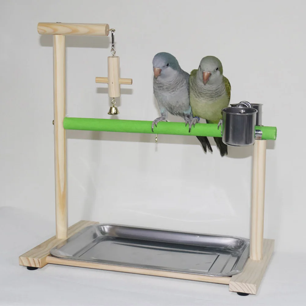 Настольная деревянная подставка для попугаев с колокольчиком чашками кормления