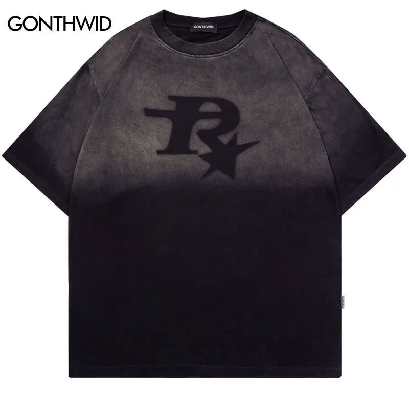 

Vintage Streetwear T Shirt Letter Print Tie Dye Gradient Washed Tshirt Men Harajuku Fashion Punk Gothic Tee Shirts Summer Tops