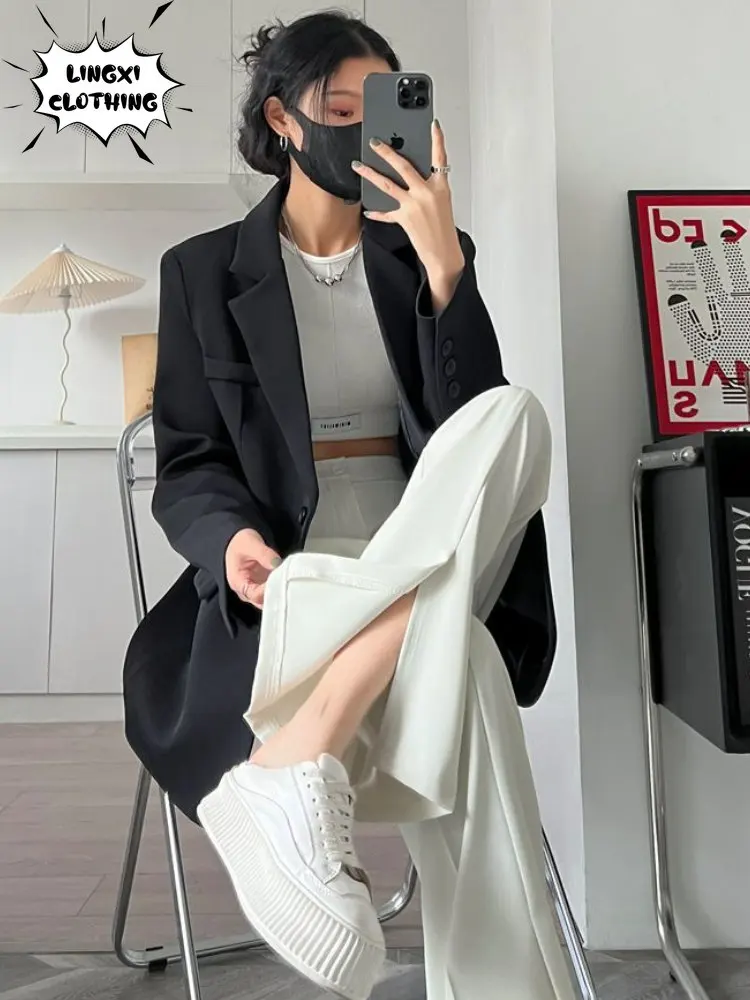 Summer Sagging Professional Women's High Waist 2023 New Trend White Outerwear Straight Split Suit Pants Baggy Pants Woman