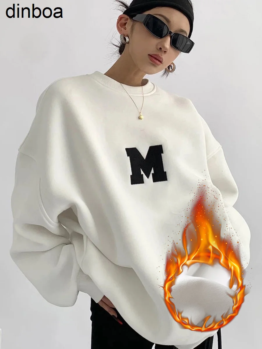 

2022 Dinboa-top Sweatshirt Women Oversized 2022 Winter Y2k Clothes Pullovers Embroidery Letter Tops Fashion Flocking Warm Loose
