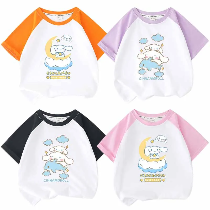 

Sanrios Cinnamoroll аниме мультфильм детская одежда Топы с коротким рукавом для девочек кавайная Милая летняя футболка с коротким рукавом