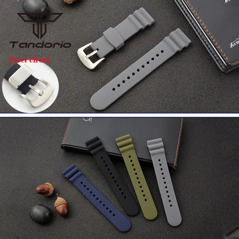 

22mm Width Black/Blue/Grey/Green Watch Rubber Strap Silver Buckle Silicone Wristwatch Replacement Accessories