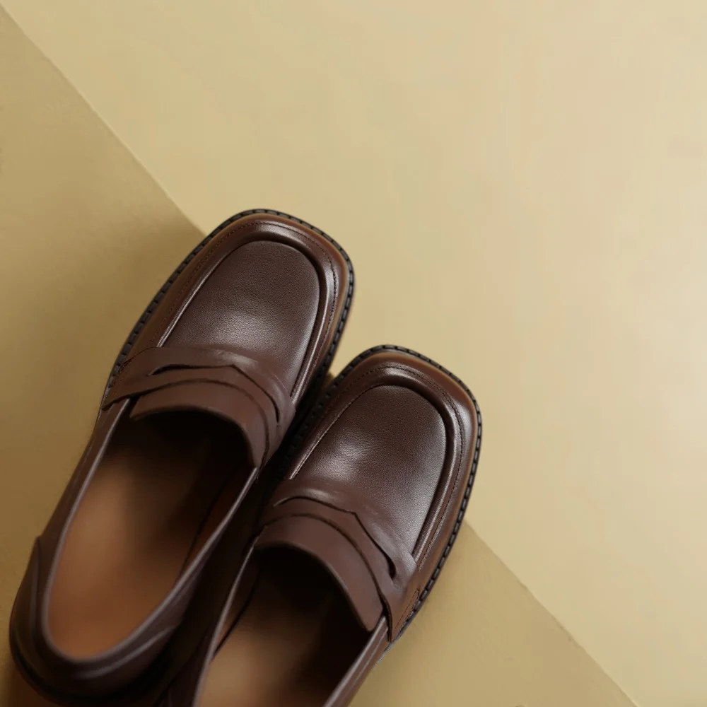 Cialisa Spring Women Shoes New Round Toe Genuine Leather High Quality Platform Loafers Casual Chunky Heels Ladies Footwear Brown