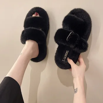Plush Family Slippers for Women Winter Faux Fur Fluffy Indoor Carpet Female Slipper Platform Flat Home Ladies Fuzzy Warm ShoesS