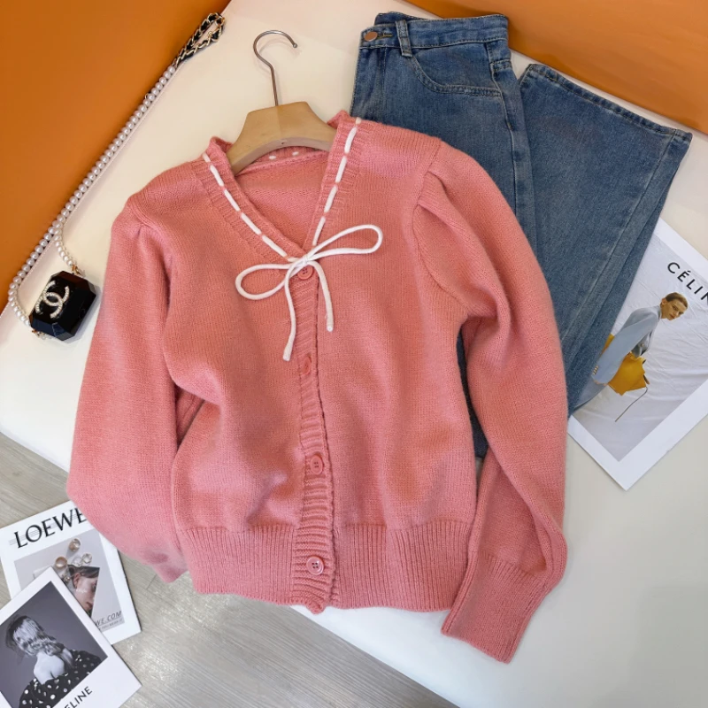 

Винтажный вязаный кардиган с пышными рукавами, свитера, женская трикотажная одежда с длинным рукавом и V-образным вырезом, корейские офисные Модные топы, розовый кардиган