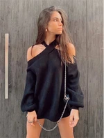 womens pullover sweater 2022 new sexy cross collar hollow out shoulder loose raglan lantern sleeve sweater trend
