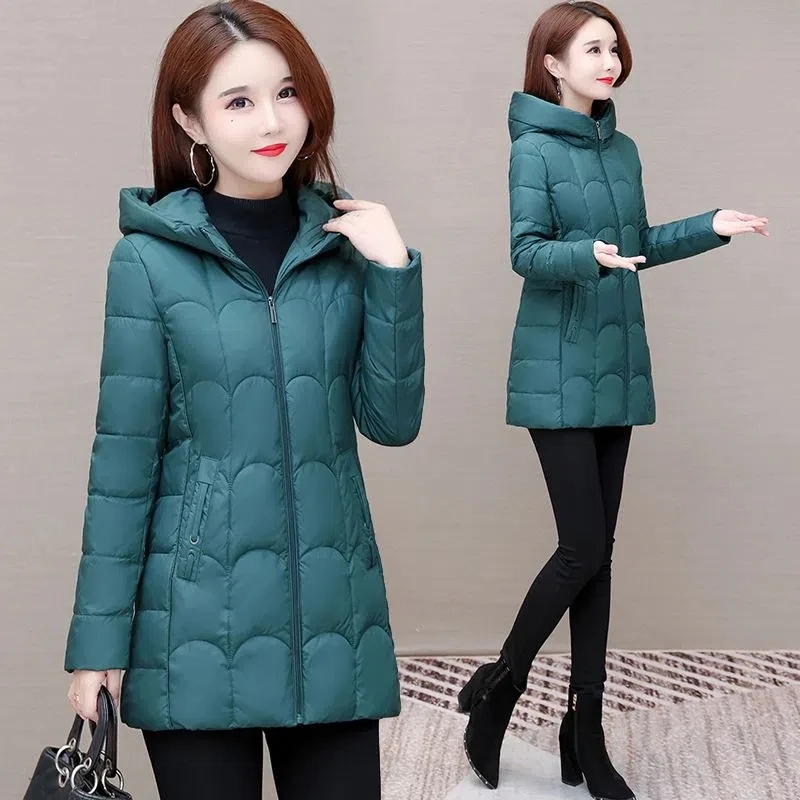 Новинка женский модный тонкий и свободный пуховик средней длины на утином пуху с
