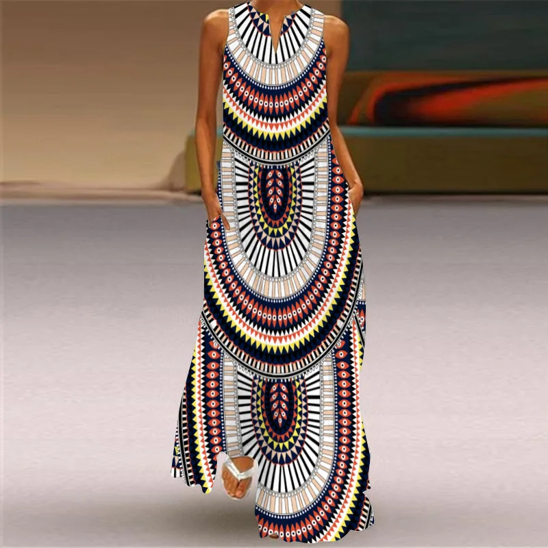 

Ethnic Style Stripe Print 2022 Dress Casual Loose Long Dresses Summer Woman Sleeveless Elegant Beach Maxi Dress Women