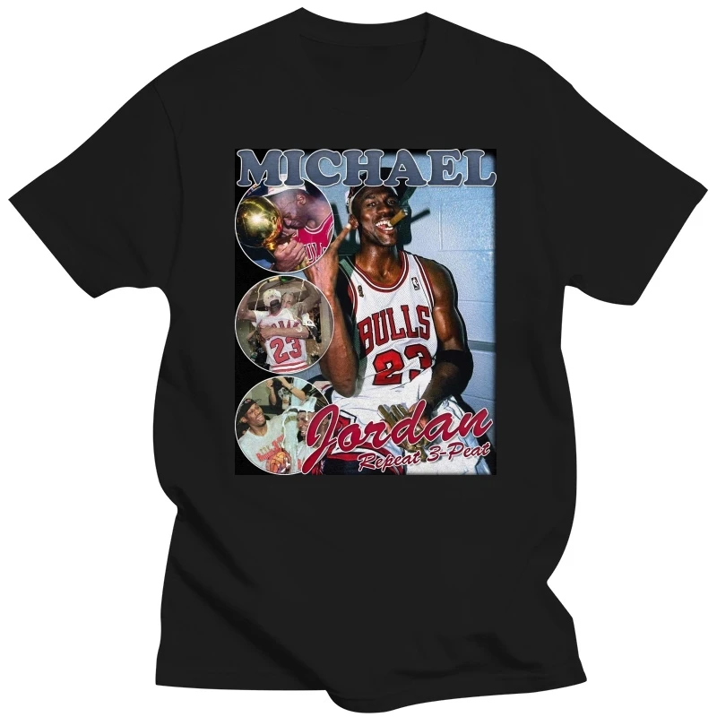 

Michael JOR-dan-Three Peat Shirt Bootleg Rap Tee Short Sleeve Unisex Black Vintage Style T Shirt DMN Vintage