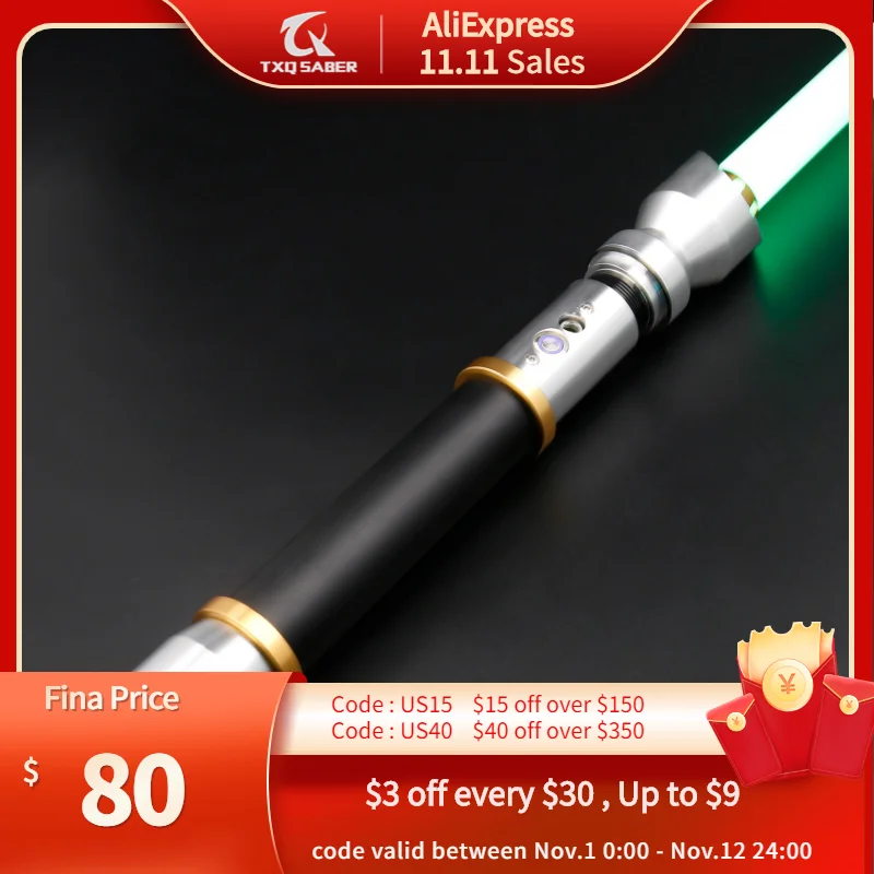 Цена Световой меч TXQSABER RGB с гладкой качающейся металлической рукояткой и дуальным лезвием Blater FOC Рождественский лазерный меч для косплея детские...