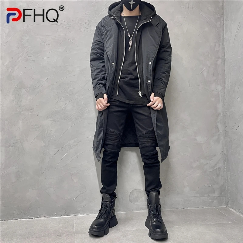 

PFHQ 2023 Autumn Winter New Men's Fashion Hooded Korean Knee-length Long Trench Coat Trendy Casual Elegant Outdoor Jackets Parka