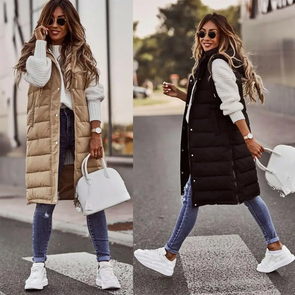 Женская Длинная зимняя куртка жилет с капюшоном теплый пуховик без рукавов