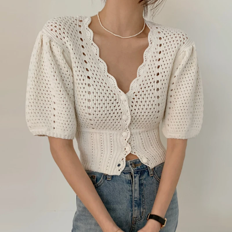 

Woman Blouses Korean Chic Women Korean Chic Gentle Temperament V-neck Chic Single-breasted Waist Short Puff Sleeves Women Shirt
