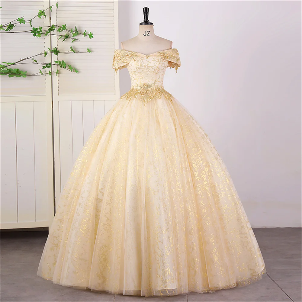 Фото 15 платьев Quinceanera, золотые вечерние платья, классическое 15-летнее платье, платья по индивидуальному заказу для Quinceanera, платье для выпускного вечера 2025 года №1