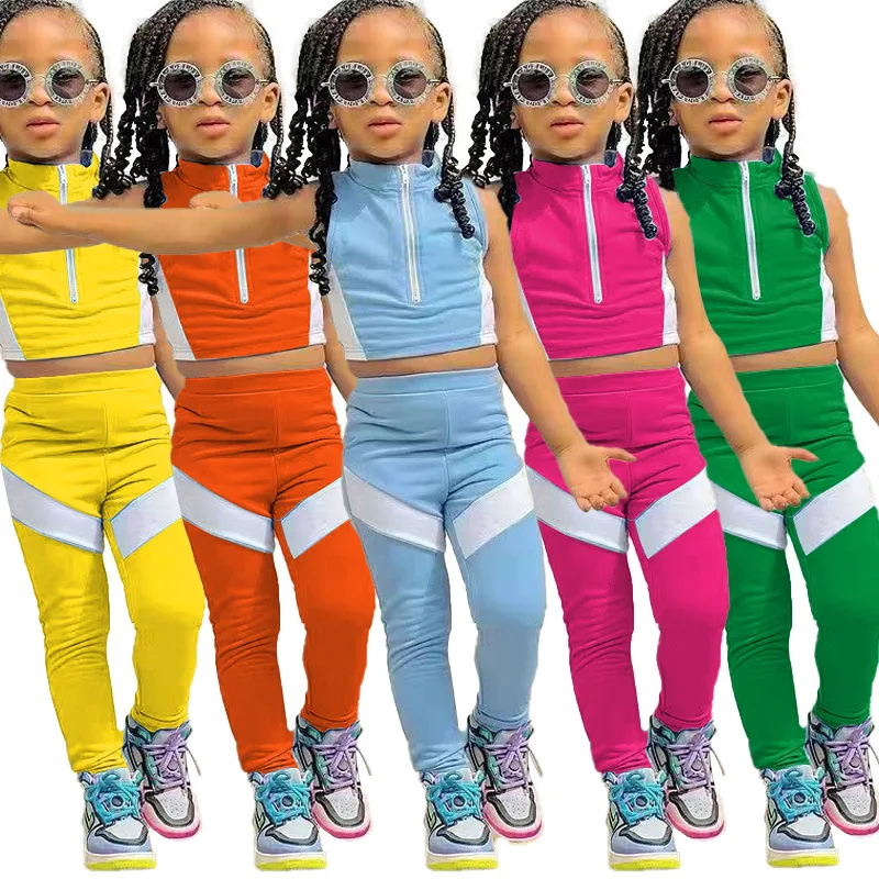 

1-8years Young Children Girls Fashion Clothes 2pcs/sets Sleeveless Crop Tops+Patchwork Pants Kids Girl Casual Clothing Outfits