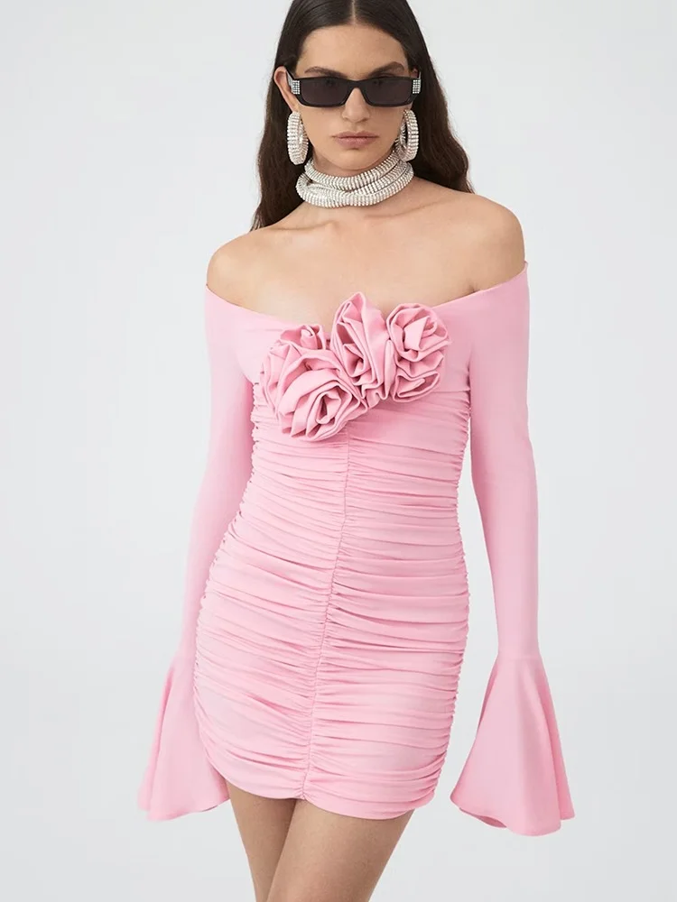 

Новинка 2023, женское розовое пикантное мини-платье с открытыми плечами, цветочным дизайном, длинным рукавом и подвеской, элегантное платье знаменитости