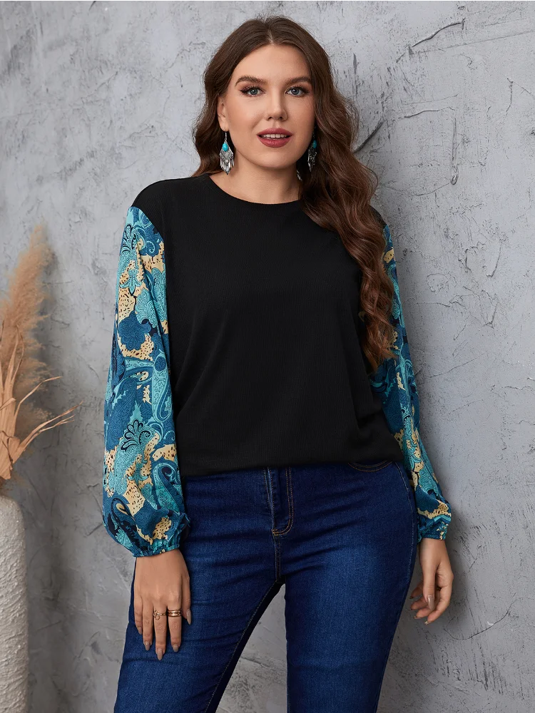 Temperament commuter color matching plant lantern sleeve round neck plus size shirt plus size women clothing