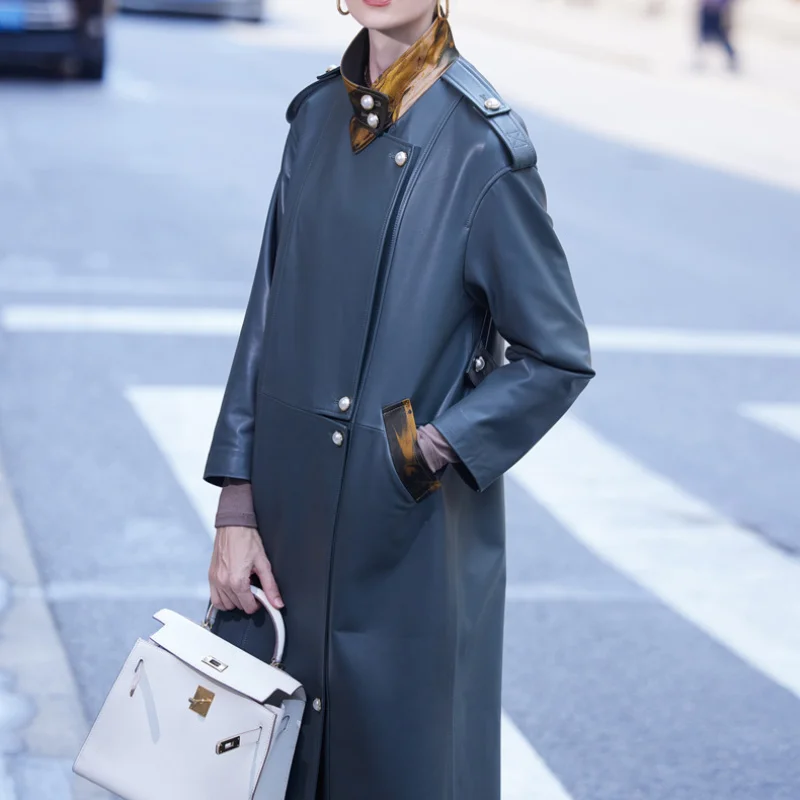 

Женский Длинный тренчкот из натуральной овечьей кожи, осенне-зимний тренчкот, 2023