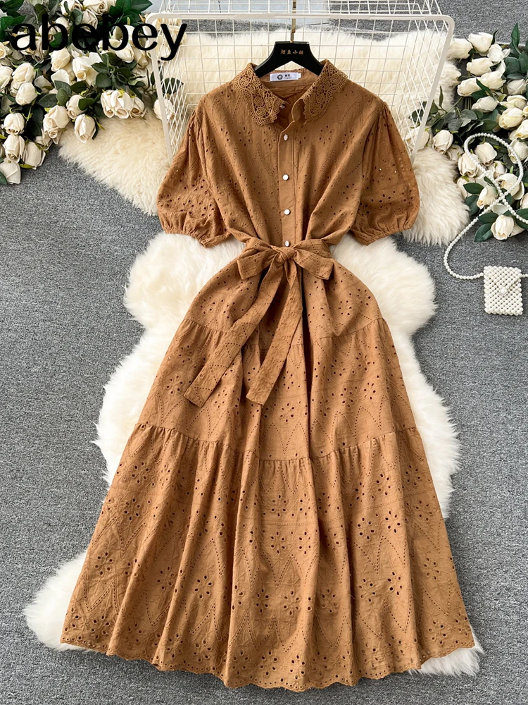 Женское платье-миди с V-образным вырезом коротким рукавом-фонариком и высокой