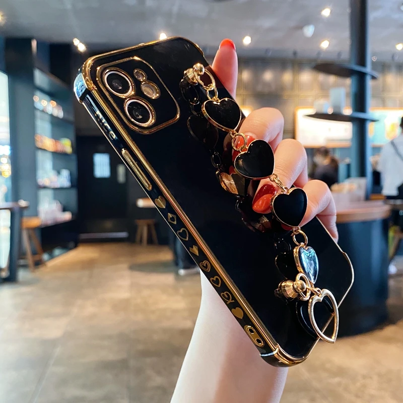 

Soft Bracelet Love Heart Case for iPhone 11 12 13 14 Pro Max XS X XR 7 8 Plus Mini SE 2020 Plated Crash Back Cover