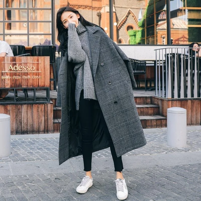 

Dark Grey New Plaid Knee-Length Long Coats Women Retro Warm Thick Casual Commute Blends Outwears Lapel Double Breasted Overcoats