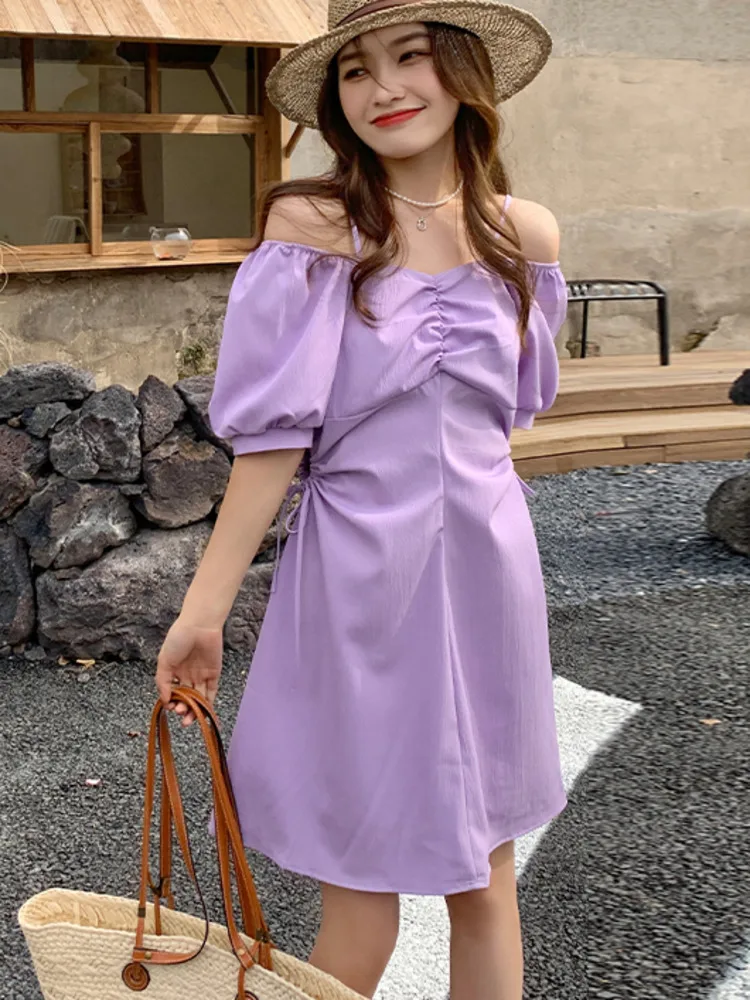 

2023 Summer Hotsweet Slash Neck Drawstring Dress Women Temperament Off The Shoulder A-line Puff Sleeve Chic Dresses Beach Style