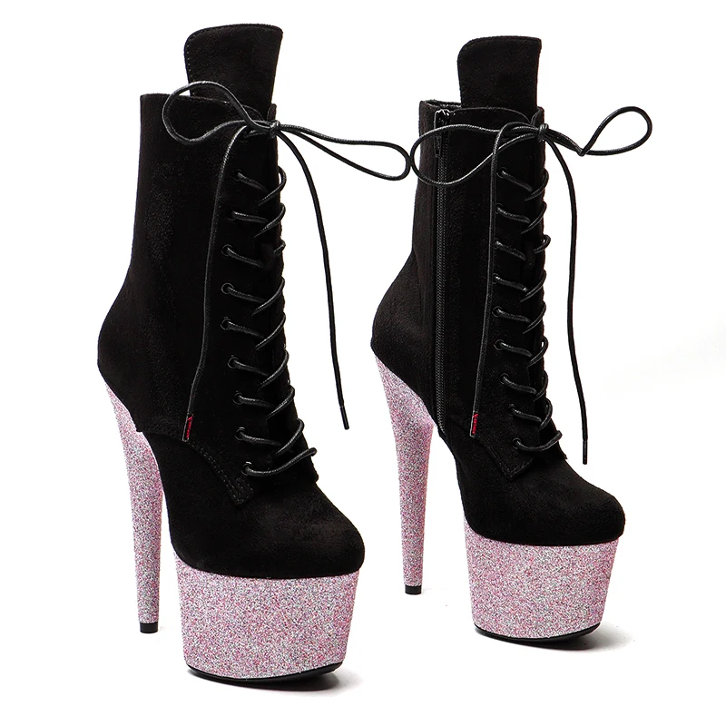 Leecabe Pink Glitter 17CM/7Inches with suede Upper High Heel platform Boots Closed toe  Pole Dance boot